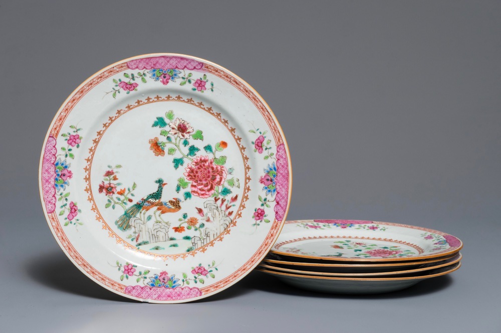 Five Chinese famille rose 'double peacock' plates, Qianlong