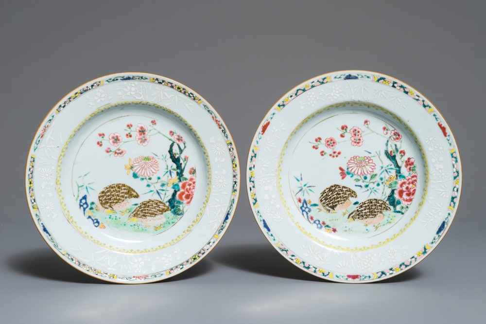 A pair of Chinese famille rose quail plates, Yongzheng