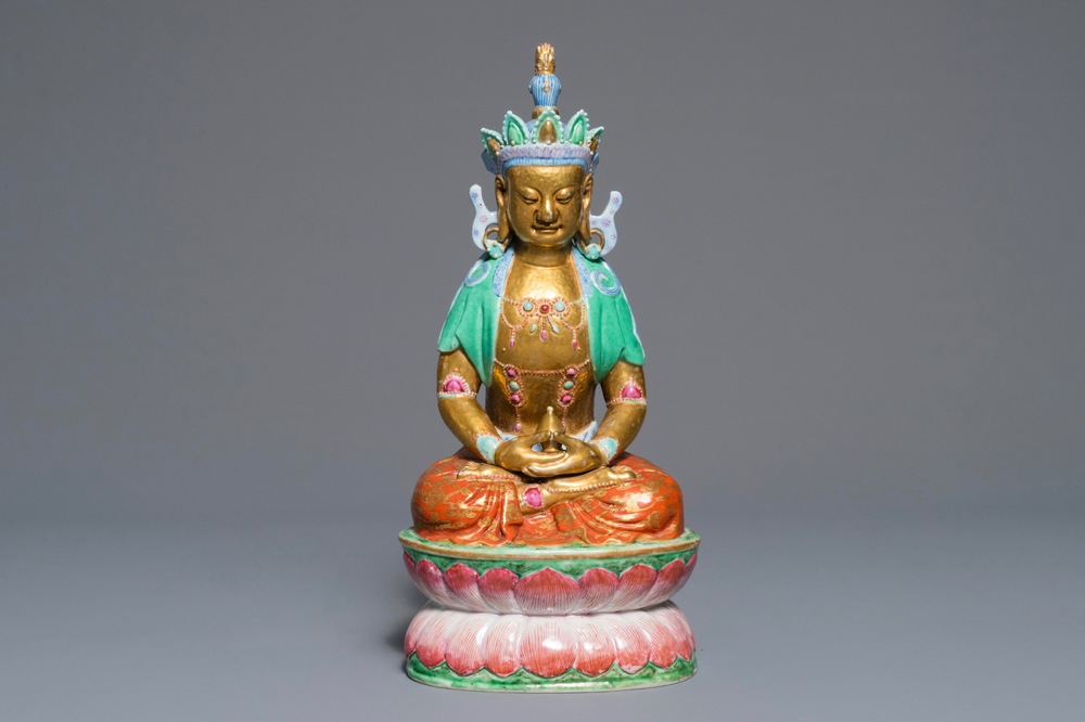 A Chinese parcel-gilt famille rose model of Buddha, 19th C.