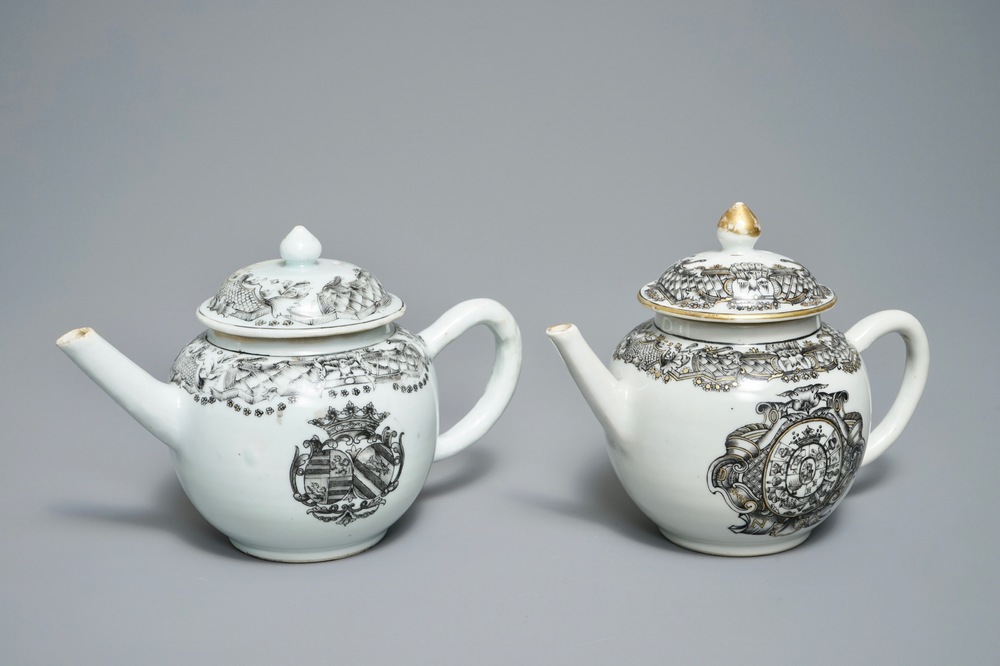 Two Chinese armorial grisaille and gilt teapots, Qianlong