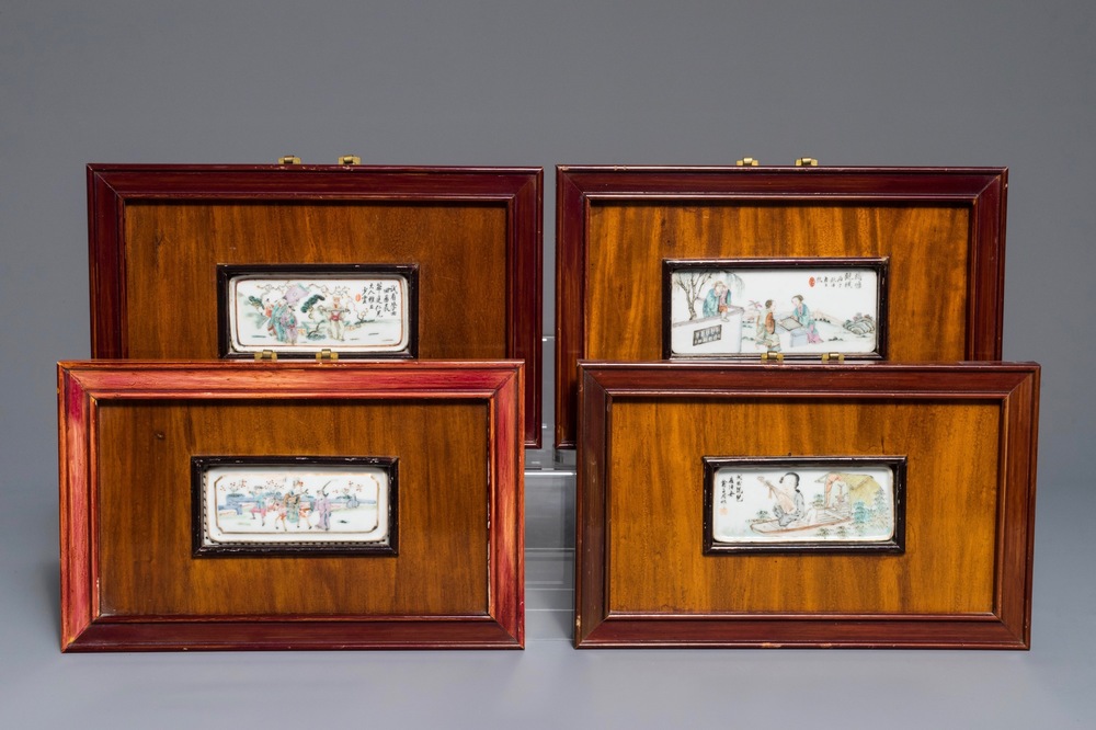 Four Chinese famille rose and qianjiang cai plaques, 19/20th C.