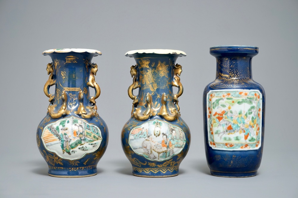 Three Chinese famille verte on gilt blue-ground vases, 19th C.