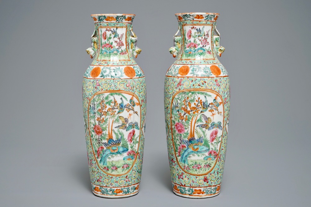 A pair of Chinese famille rose turquoise-ground vases, 19th C.