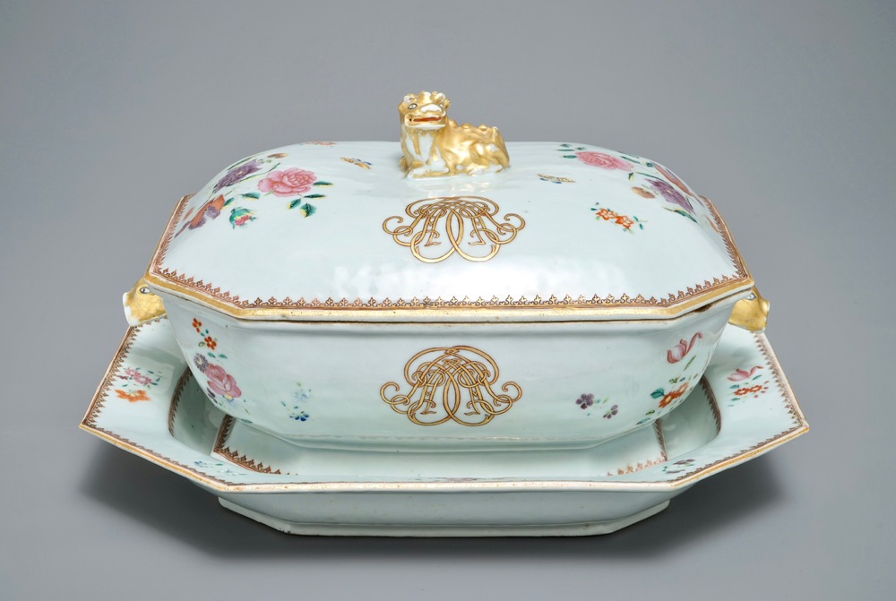 A Chinese monogrammed famille rose tureen and cover on stand, Qianlong