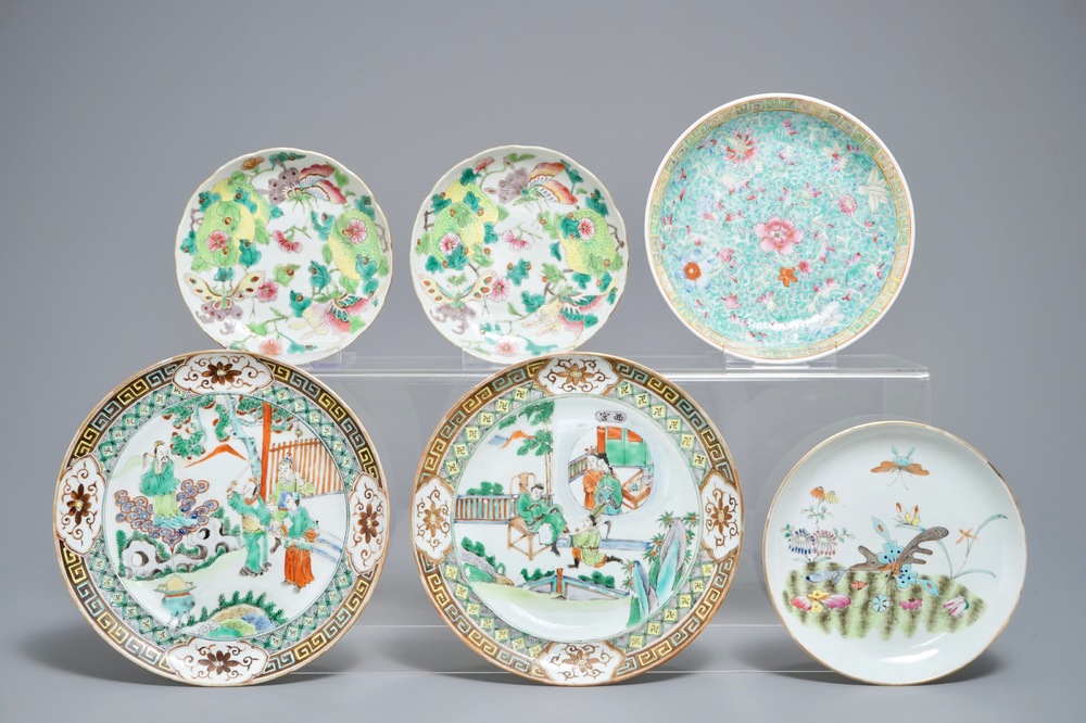 Six Chinese famille rose and verte plates, 19/20th C.