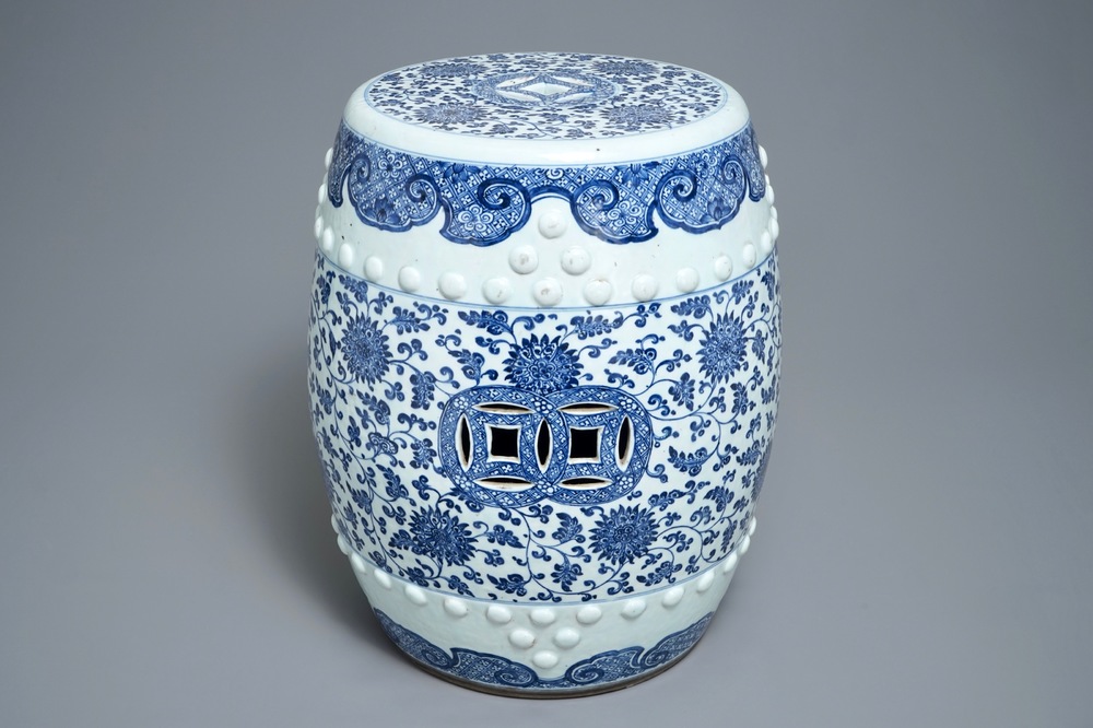 A Chinese blue and white 'lotus scroll' garden seat, Qianlong