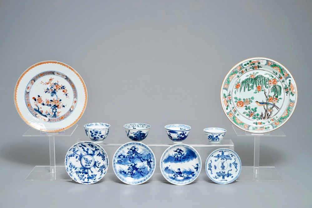Two Chinese famille verte and Imari-style plates and four cups and saucers, Kangxi and later