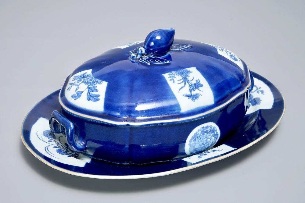A Chinese powder blue tureen and cover on stand, 19th C.