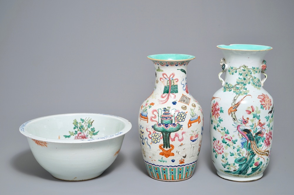 Two Chinese famille rose vases and a large deep bowl, 19th C.