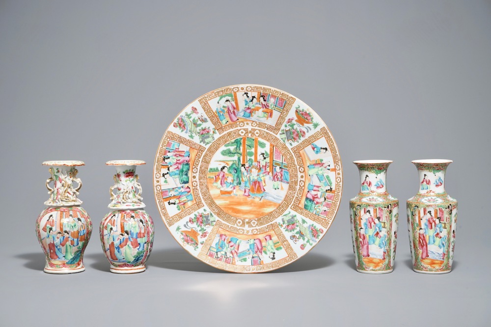 Two pairs of Chinese Canton famille rose vases and a dish, 19th C.