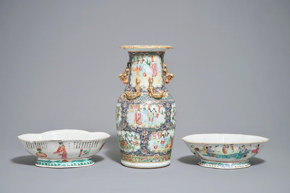 Two Chinese famille rose bowls and a Canton blue-ground vase, 19th C.