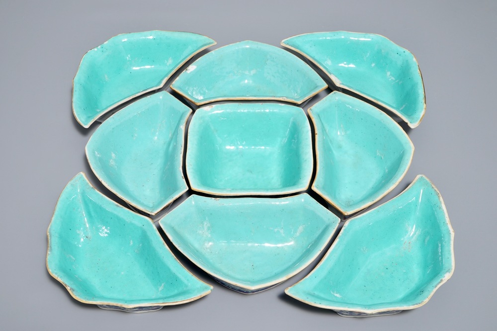 A Chinese nine-piece turquoise-ground sweetmeat set, Tongzhi mark, 19th C.