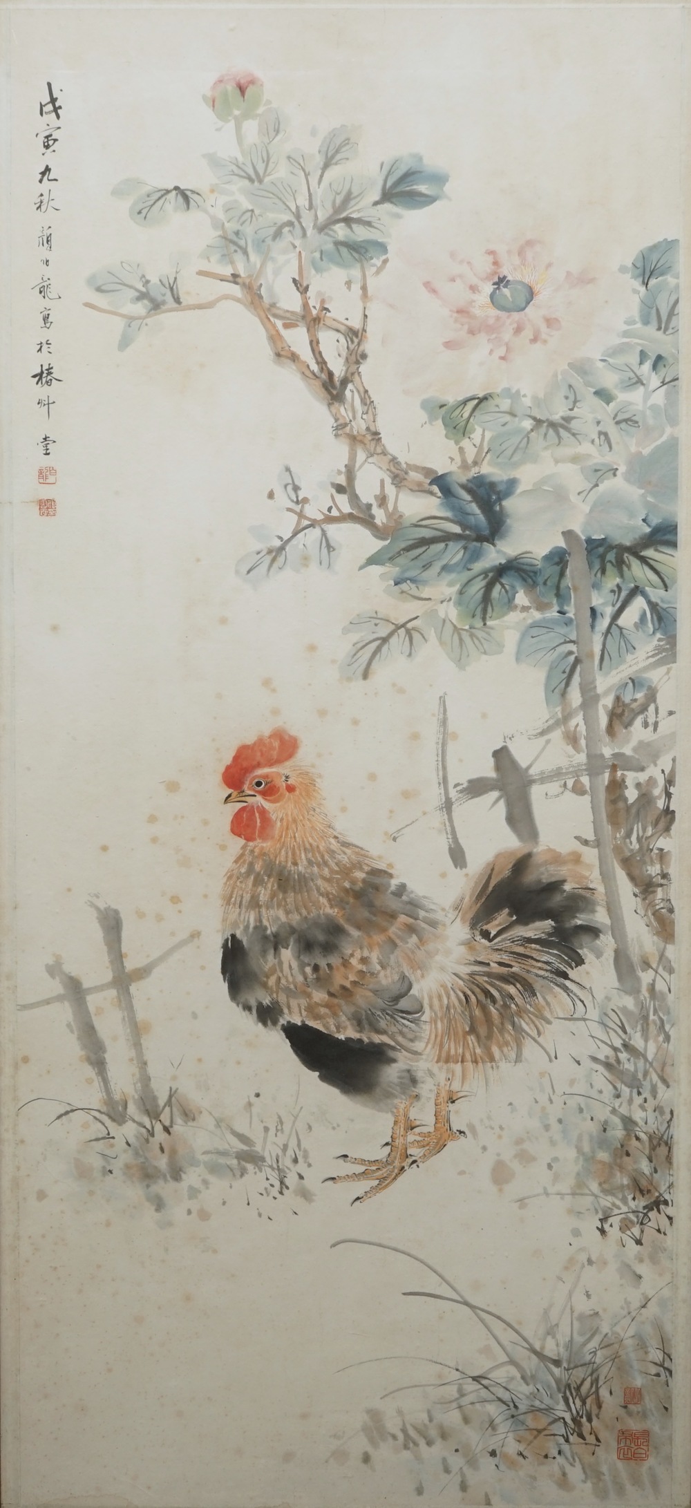 Yan Bolong (1898 -1954), Un coq dans un jardin fleuri, aquarelle sur papier