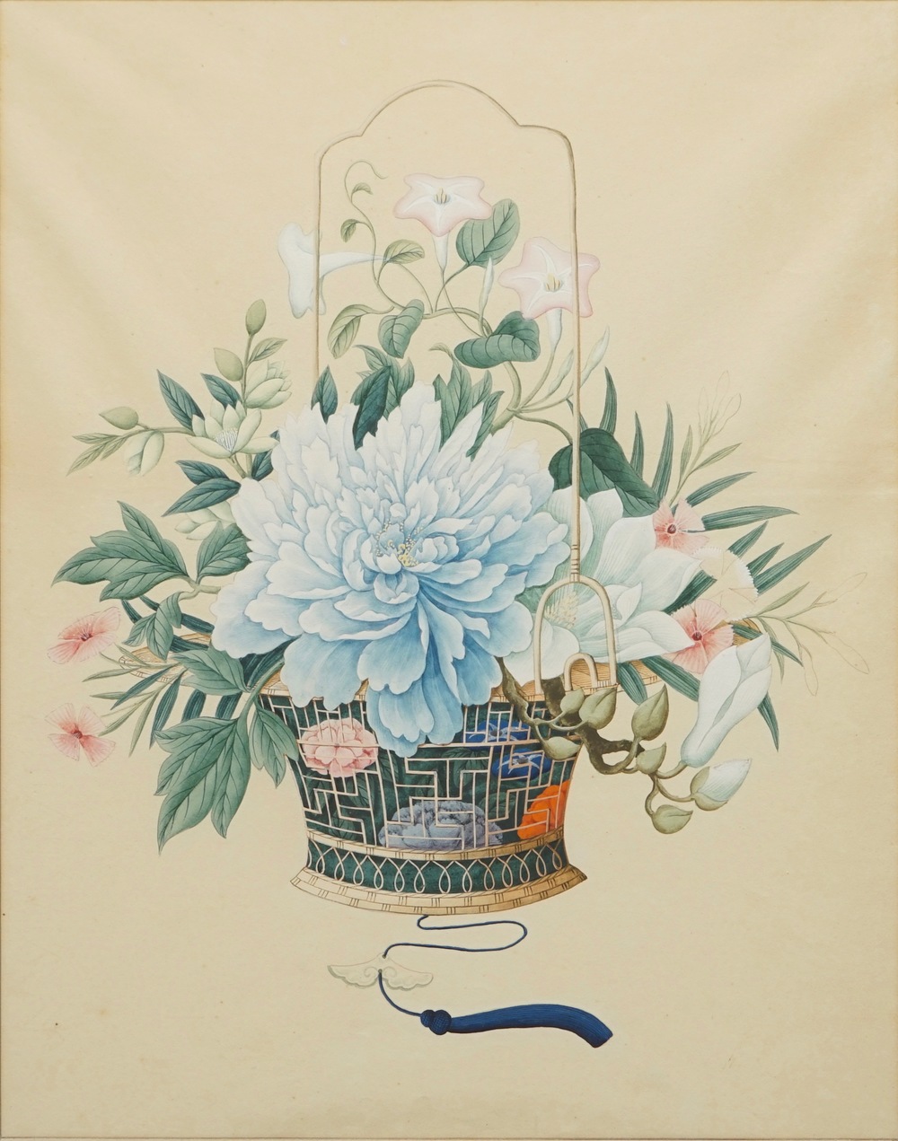Une aquarelle d'un panier fleuri, Chine, Canton, 2&egrave;me moiti&eacute; du 19&egrave;me