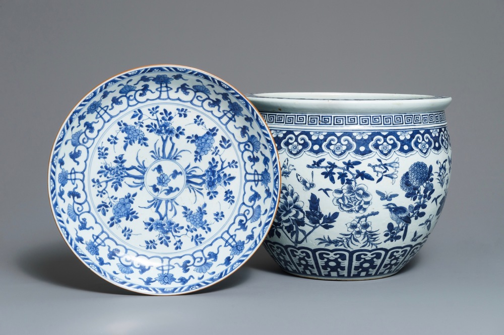 A Chinese blue and white dish and a fish bowl with floral design, Kangxi and 19th C.