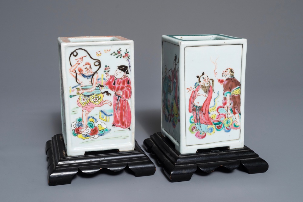 Two Chinese famille rose square brush pots with immortals, Yongzheng