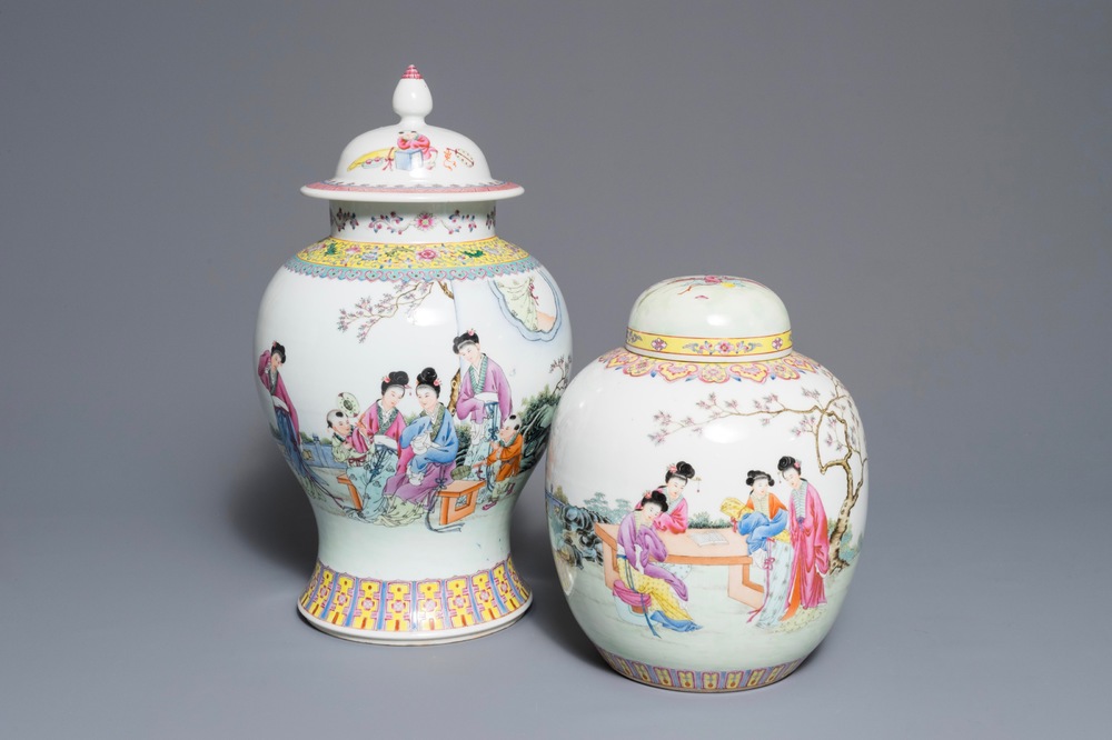 A Chinese famille rose covered jar and vase with fine figural design, Qianlong marks, Republic, 20th C.