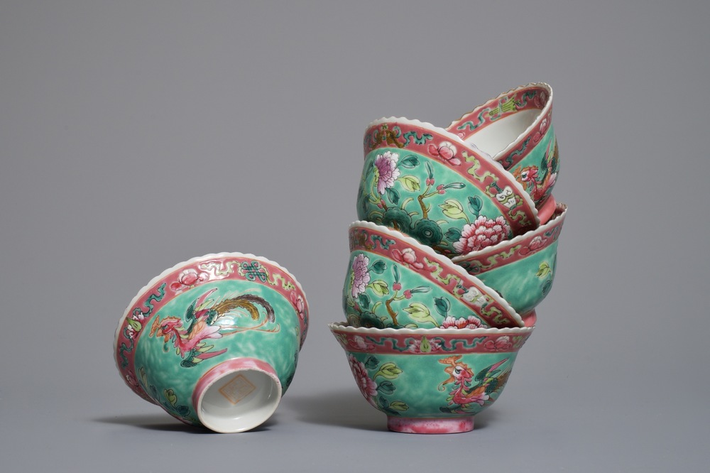 Six Chinese Straits or Peranakan famille rose bowls with phoenixes and peonies, 19th C.