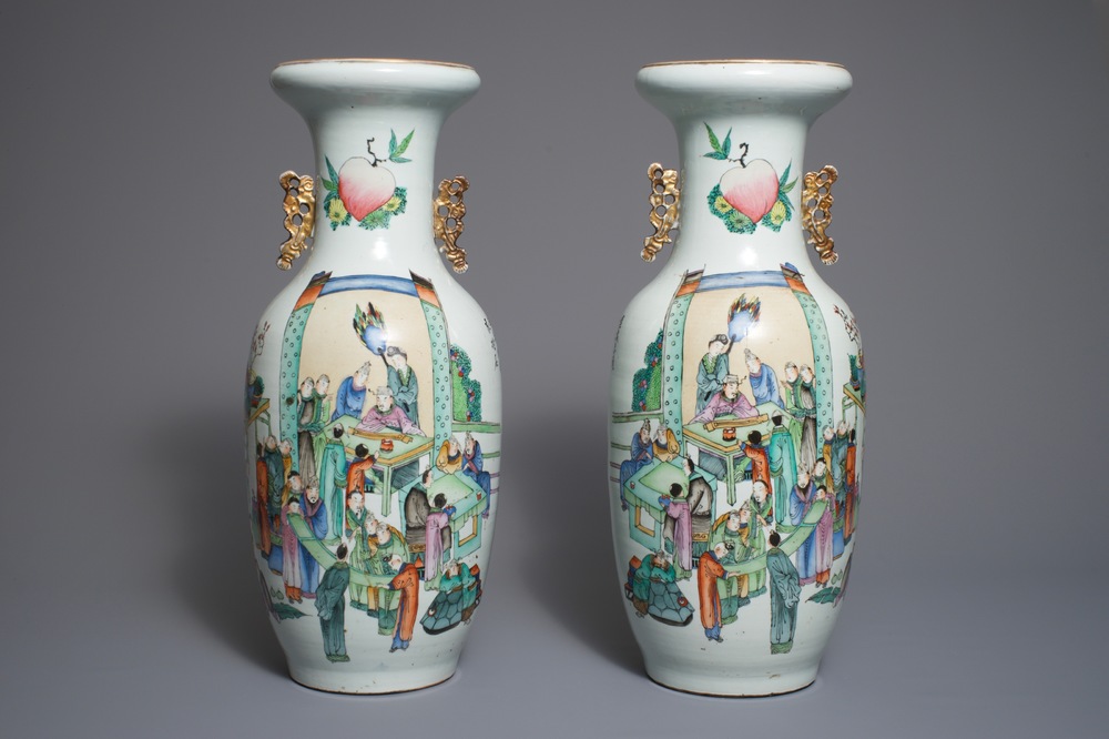A pair of Chinese famille rose double design vases, 19/20th C.