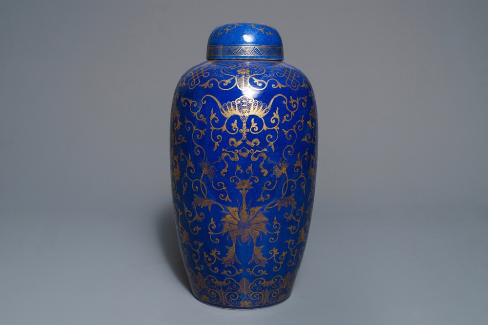 A large Chinese gilt-decorated blue-ground jar and cover, 19th C.