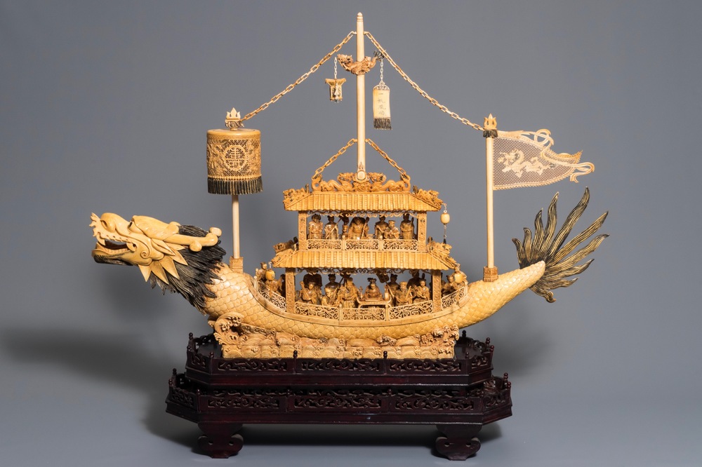 A very large Chinese carved ivory model of a dragon boat, 19th C.