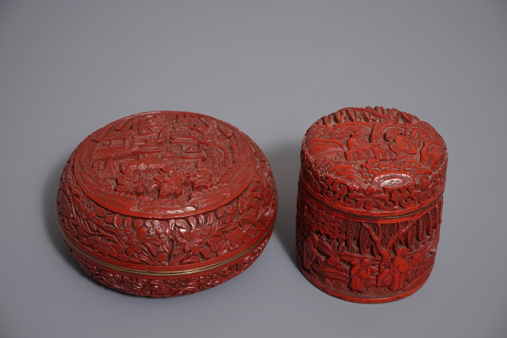 Two Chinese cinnabar lacquer covered boxes, one with Qianlong mark, 19/20th C.