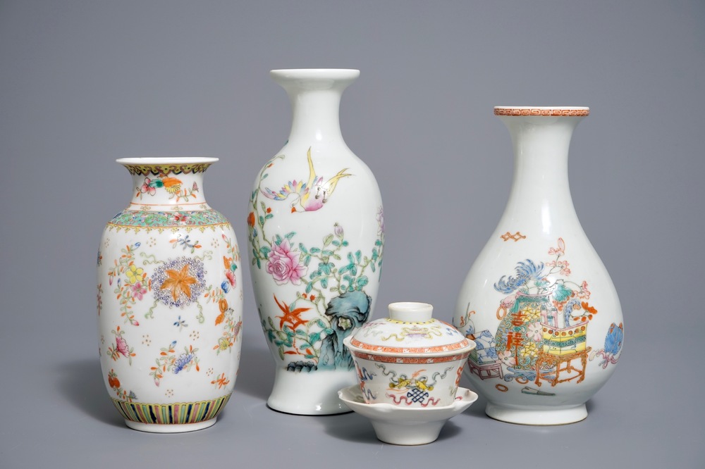 Three Chinese famille rose vases and a covered bowl on stand, various marks, 19/20th C.