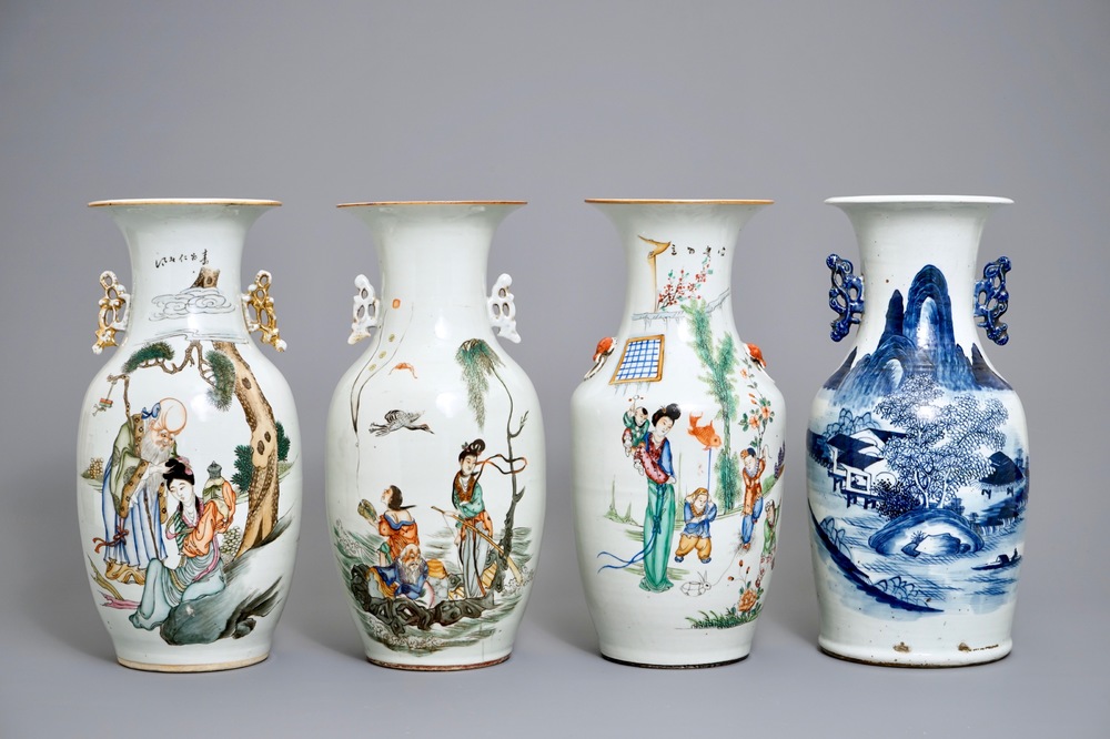 Four Chinese famille rose and blue and white vases, 19/20th C.