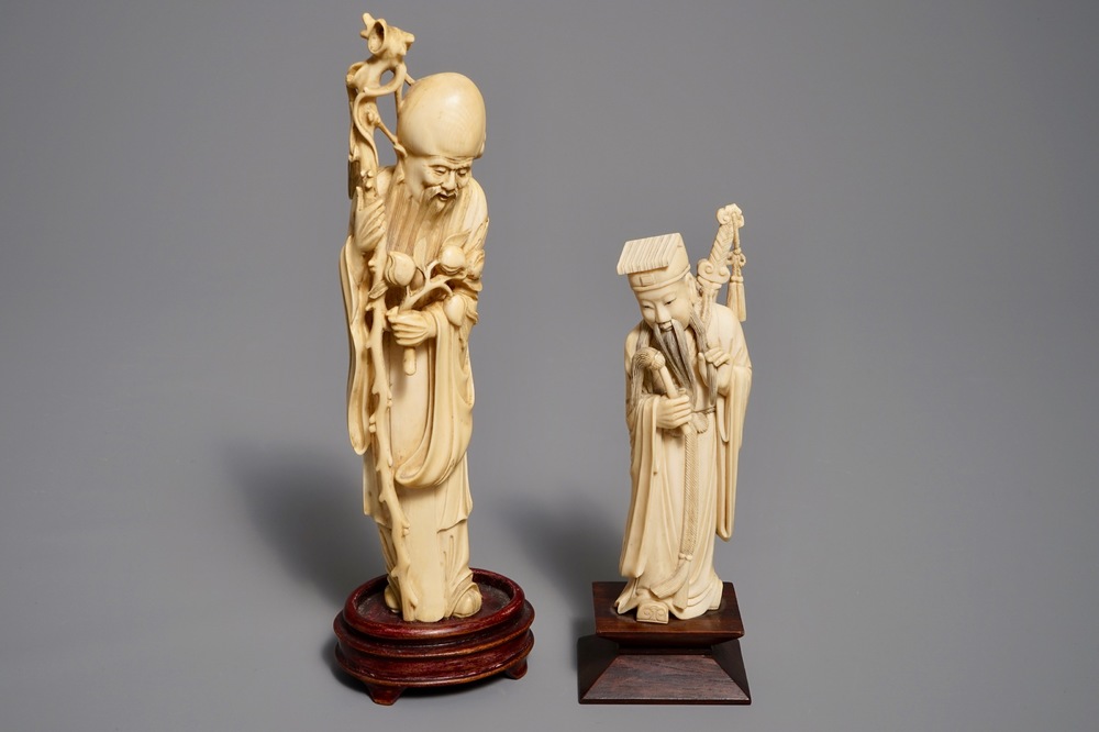 Two Chinese carved ivory figures of Shou Lao and Lu Dongbin, 19th C.
