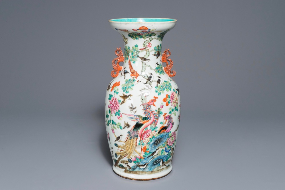 A Chinese famille rose 'phoenixes and pheasants' vase, 19th C.