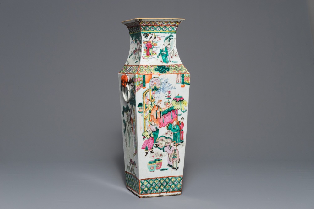 A square Chinese famille rose vase with figures, 19th C.