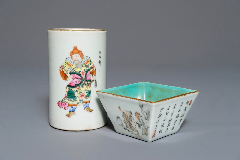 A Chinese famille rose 'Wu Shuang Pu' brush pot and a square wine cup, 19/20th C.