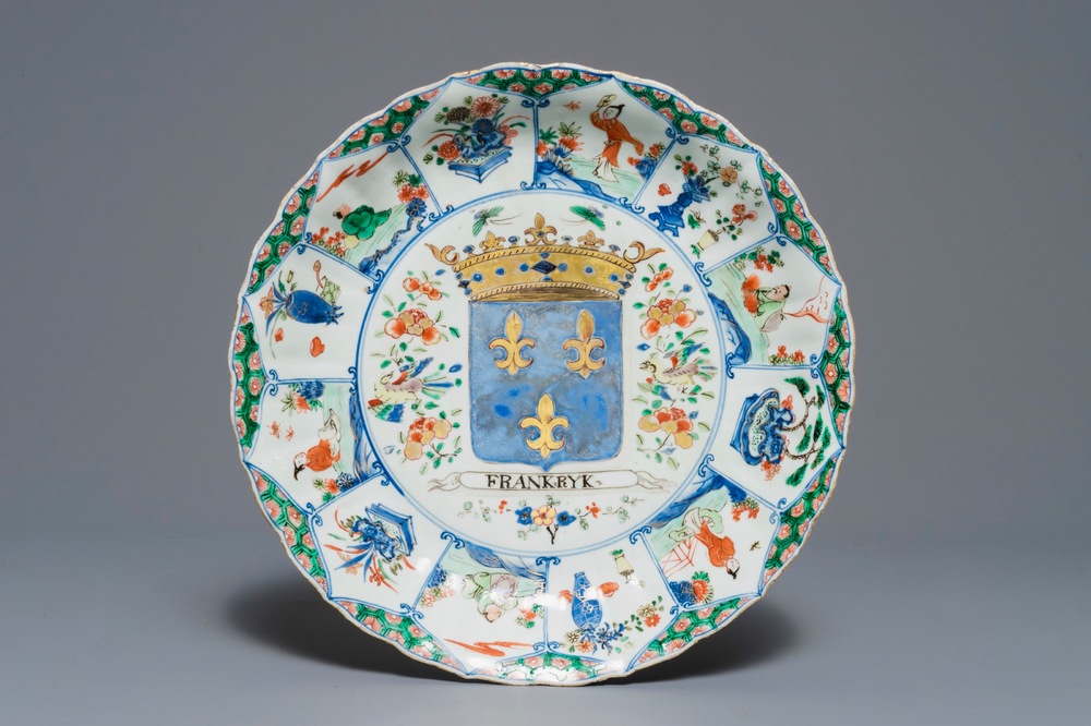 A Chinese famille verte "Provinces" dish with the arms of France, Kangxi/Yongzheng