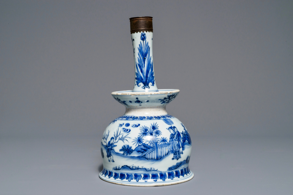 A large Chinese bronze-mounted blue and white candlestick, Transitional period
