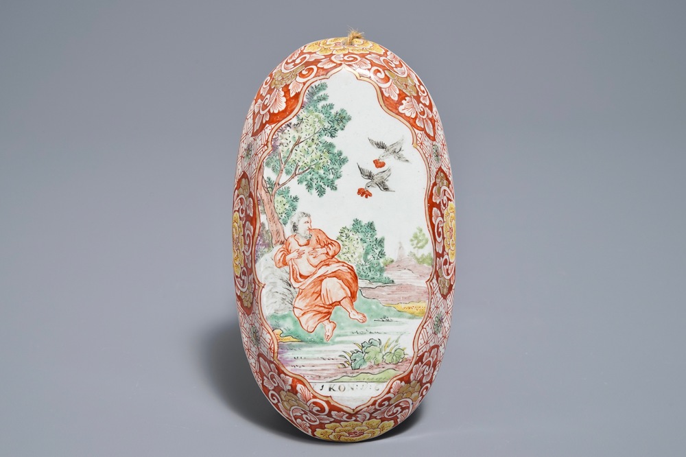 A polychrome Dutch Delft petit feu and dor&eacute; brush back, 18th C.