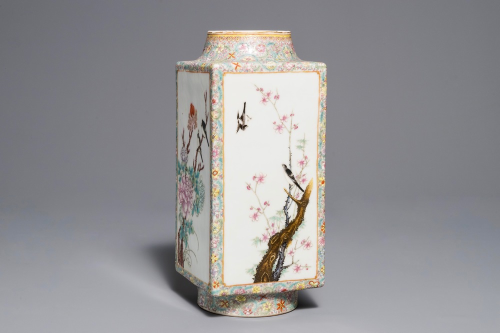 A Chinese famille rose cong vase with flowers and birds, Hongxian mark, 20th C.