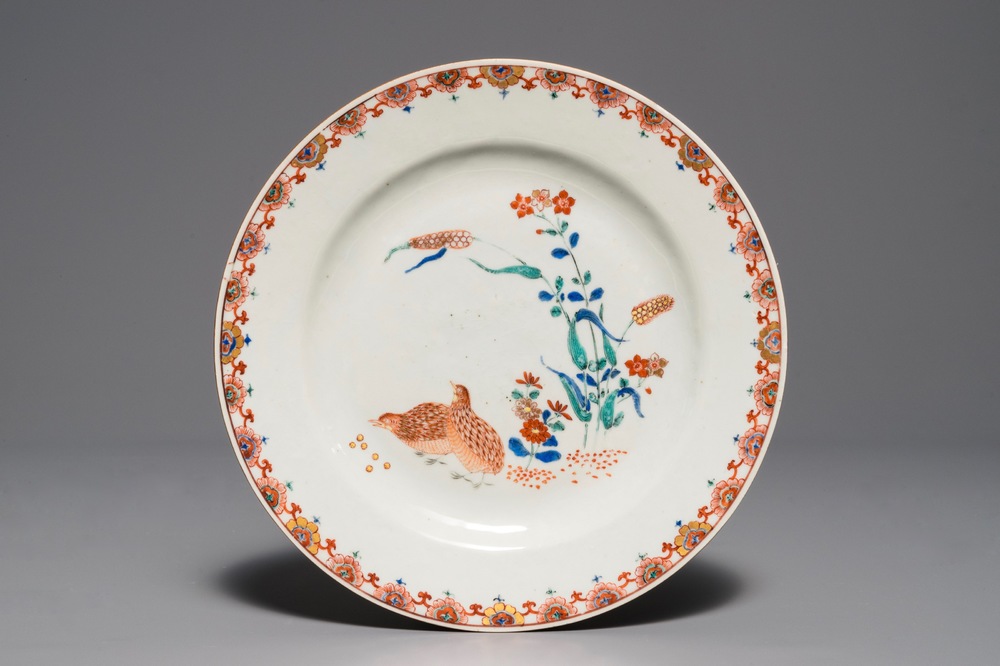 Une assiette en porcelaine de Chine de style Kakiemon &agrave; d&eacute;cor de cailles, Qianlong