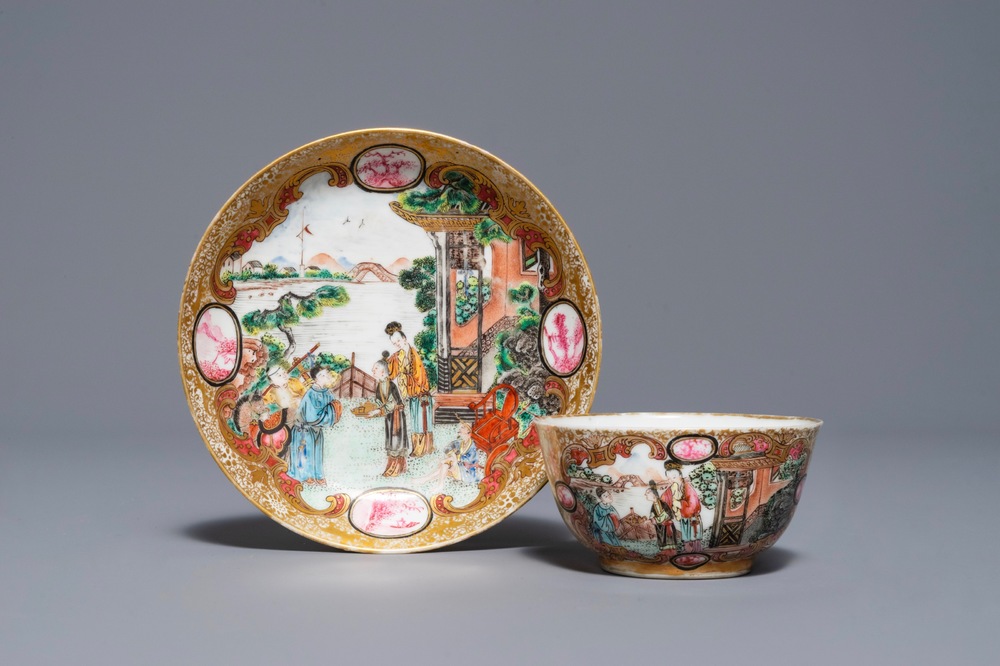 A fine Chinese famille rose 'mandarin' cup and saucer, Yongzheng/Qianlong