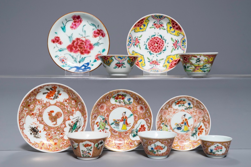 Five Chinese famille rose cups and saucers, Yongzheng/Qianlong