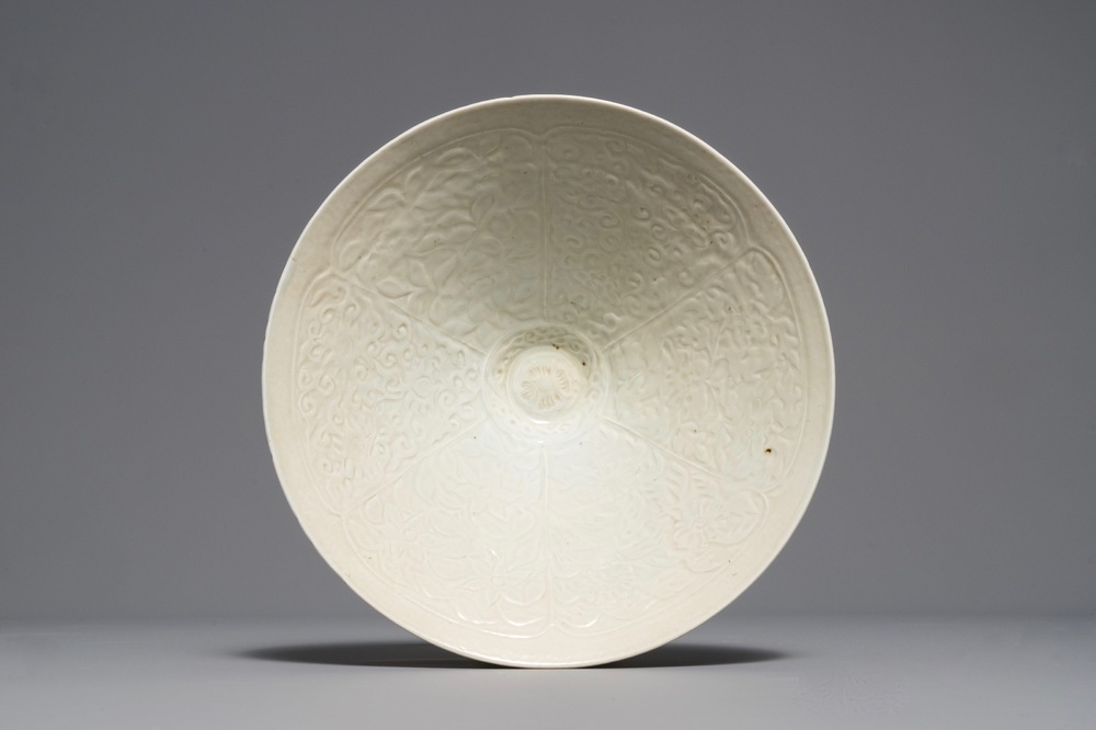 A fine Chinese qingbai conical bowl with incised floral design, Song