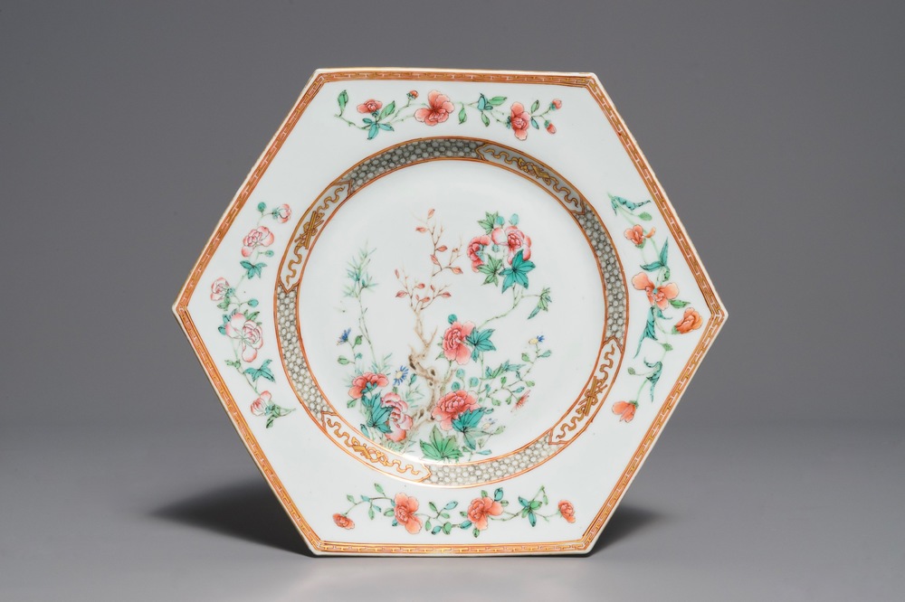 A fine Chinese hexagonal famille rose 'peony' dish, Yongzheng