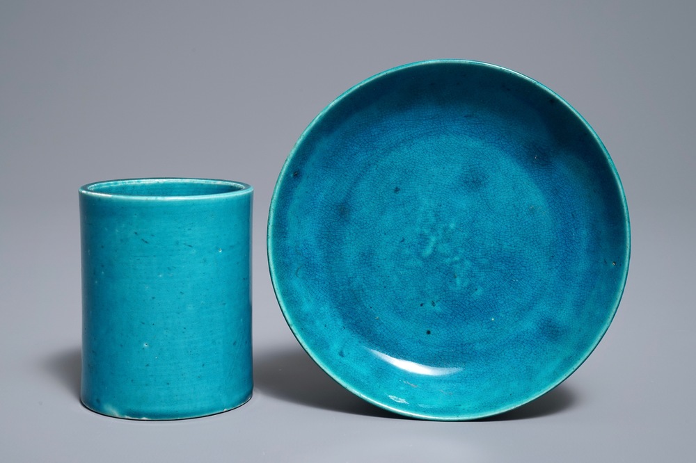 A Chinese monochrome turquoise-glazed brush pot and a plate, Kangxi