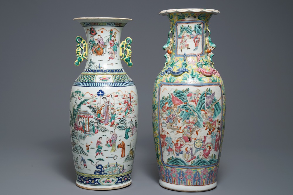 Two Chinese famille rose vases with figures in landscapes, 19th C.