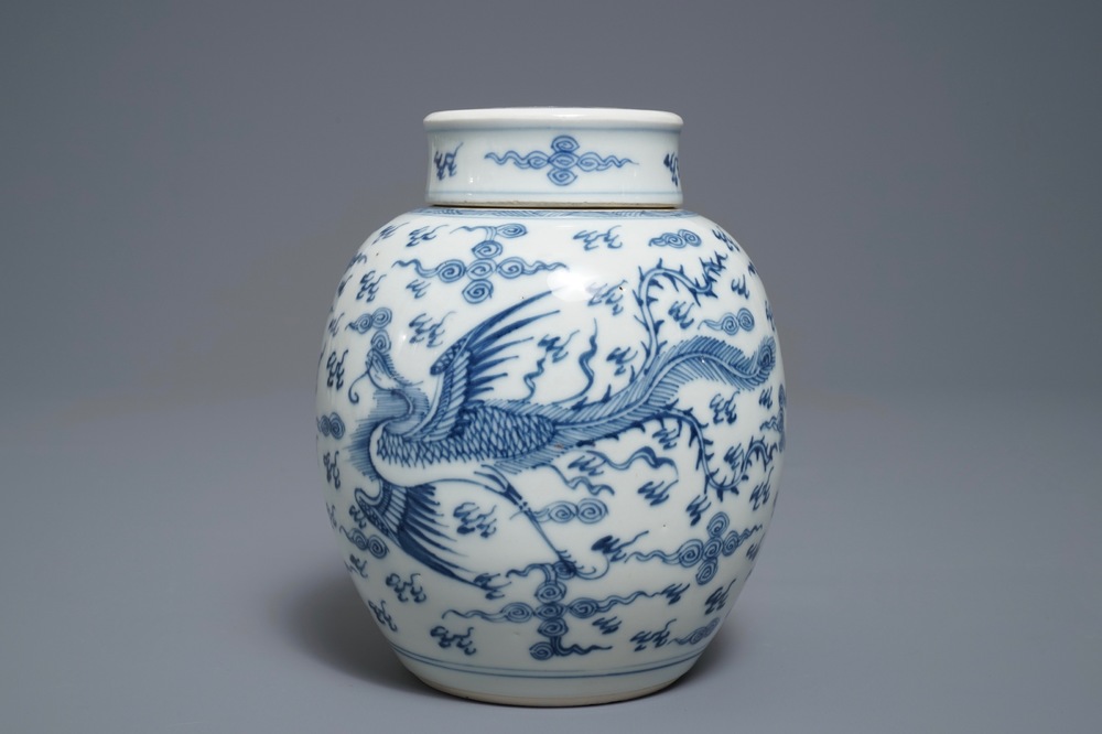 A Chinese blue and white 'dragon and phoenix' jar and cover, Kangxi/Yongzheng