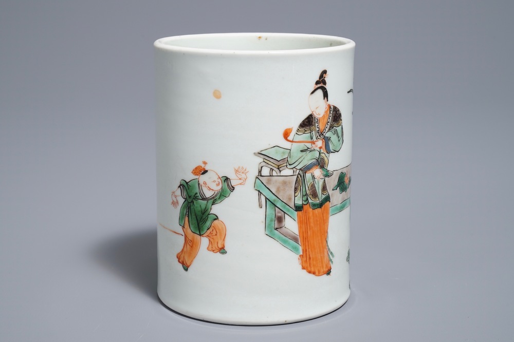 A Chinese famille verte Kangxi style brush pot, 19/20th C.