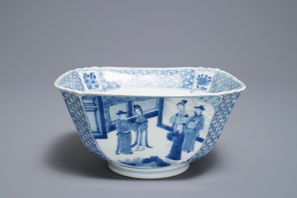 A square Chinese blue and white bowl, Chenghua mark, Kangxi