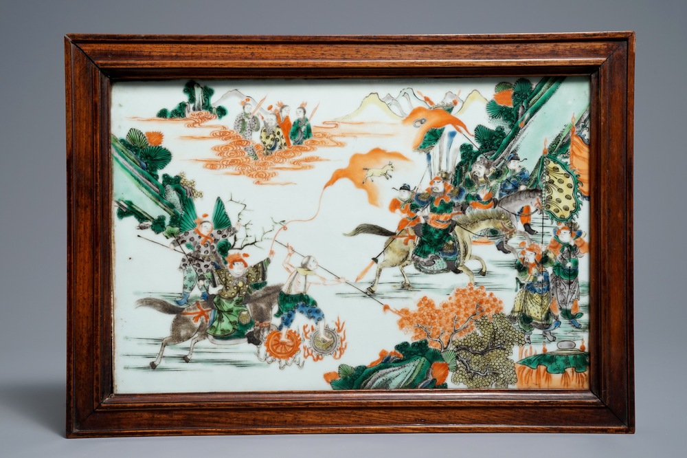 A fine rectangular Chinese famille verte plaque, 19th C.