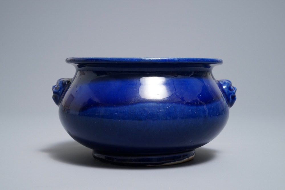 A Chinese monochrome 'sacrificial blue' incense burner, Kangxi/Qianlong
