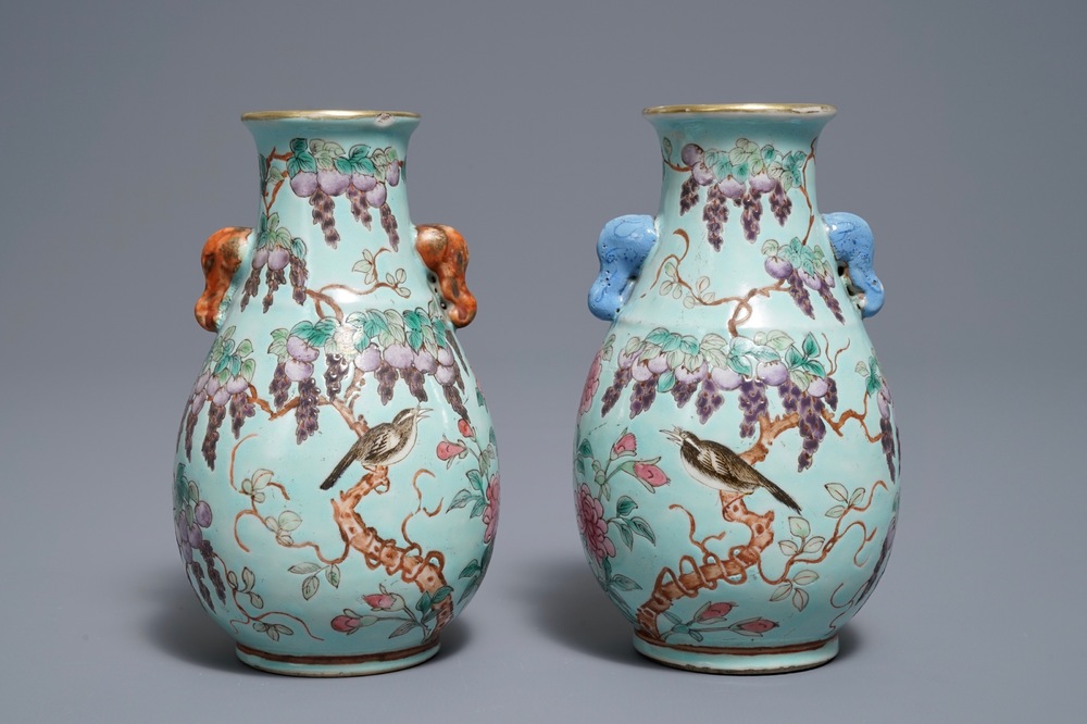 A pair of Chinese turquoise ground Dayazhai style hu vases, 19/20th C.