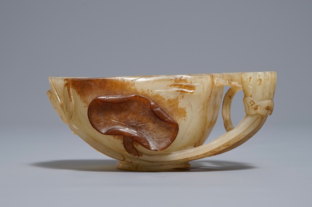 A Chinese lotus-shaped russet jade libation cup, 18/19th C.